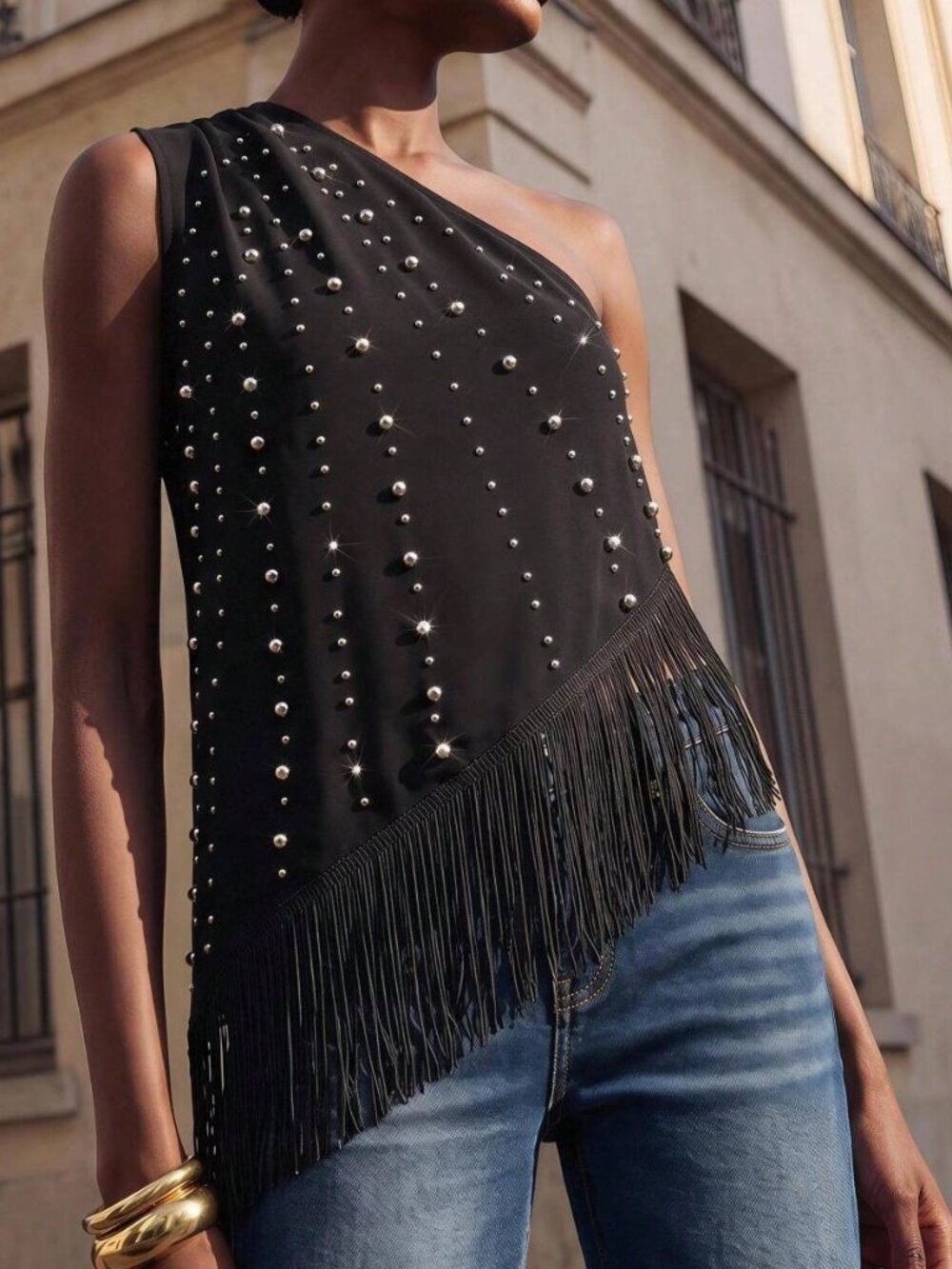 Multicolor Casual Women's One-Shoulder Rhinestone Fringe Asymmetric Hem Blouse
